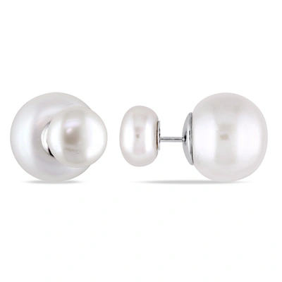 Mimi & Max 8-8.5mm And 12.5-13mm White Cultured Freshwater Pearl Tribal Earrings In Sterling Silver In Silver
