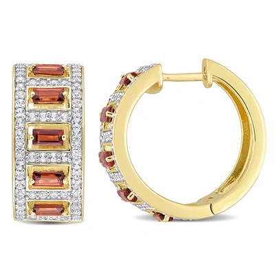 Mimi & Max 2 7/8 Ct Tgw Baguette Garnet And White Topaz Hoop Earrings In Yellow Plated Sterling Silver In Red