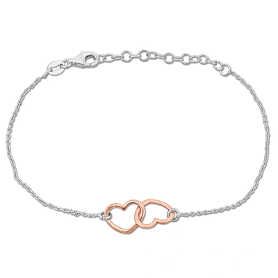 Mimi & Max Double Rose Heart Charm Bracelet In Rose And Sterling Silver - 7+1 In. In Silver