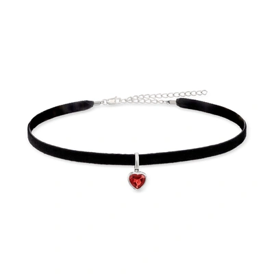 Shop Ross-simons Garnet Heart And Black Velvet Choker Necklace In Sterling Silver