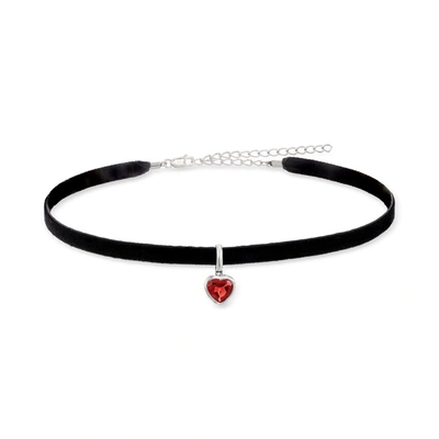 Ross-simons Garnet Heart And Black Velvet Choker Necklace In Sterling Silver In Black