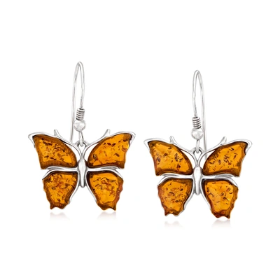 Shop Ross-simons Amber Butterfly Drop Earrings In Sterling Silver In Orange