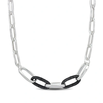 Mimi & Max Oval Link Necklace W/ Black Sparkle Enamel In Sterling Silver - 18+2 In. In Black