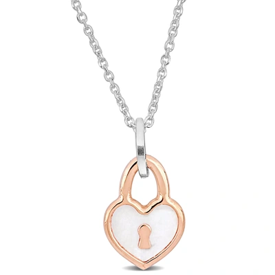 Mimi & Max Pink Heart Lock Charm Necklace W/ White Enamel In Sterling Silver- 16+2 In. In Silver