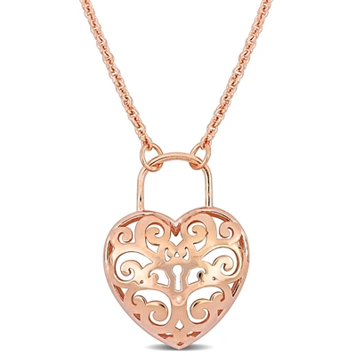 Mimi & Max Pink Heart Lock Charm Pendant W/ Chain In 18k Rose Gold Plated Silver - 16+3 In. In Gold