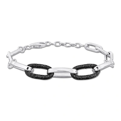 Mimi & Max Oval Link Bracelet W/ Black Sparkle Enamel In Sterling Silver - 8+1 In. In Black