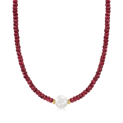 Shop Ross-simons 11.5-12.5mm Cultured Pearl And Ruby Bead Necklace With 14kt Yellow Gold In White