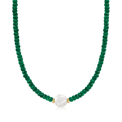 Shop Ross-simons 11.5-12.5mm Cultured Pearl And Emerald Bead Necklace With 14kt Yellow Gold In Green