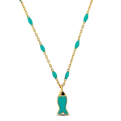 Mimi & Max Womens 14k Yellow Gold Green Enamel Fish Necklace W/ Spring Ring Clasp - 16+2 In. In Blue