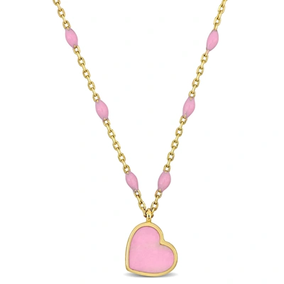 Mimi & Max Womens 14k Yellow Gold Pink Enamel Heart Necklace W/ Spring Ring Clasp - 16+2 In. In Pink