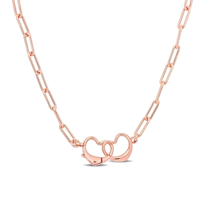 Mimi & Max Pink Paper Clip Necklace W/ Double Heart Clasp In Rose Silver - 18 In. In Gold