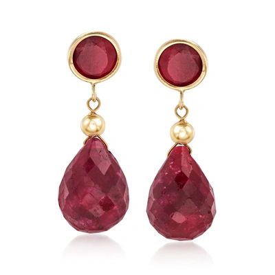 Ross-simons Ruby Drop Earrings In 14kt Yellow Gold In Red