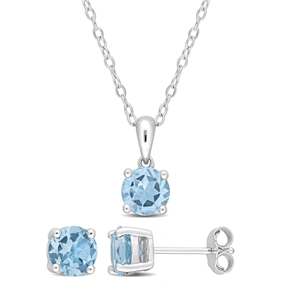 Mimi & Max 3 Ct Tgw Sky Blue Topaz 2-piece Solitaire Pendant With Chain And Stud Earrings Set In Sterling Silve In Blue