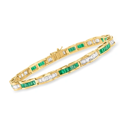 Shop Ross-simons Emerald And Diamond Tennis Bracelet In 14kt Yellow Gold In Multi