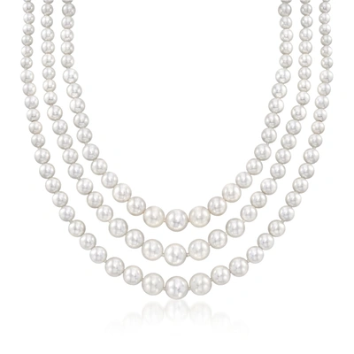 Ross-simons 6-12mm Shell Pearl Graduated 3-strand Necklace With Sterling Silver In White