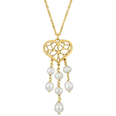 Mimi & Max 6-6.5mm Cultured Freshwater Pearl Chandelier Style Heart Drop Pendant With Chain In Yellow Plated St In Silver