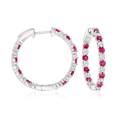 Ross-simons Ruby And Diamond Inside-outside Hoop Earrings In Sterling Silver In Silver