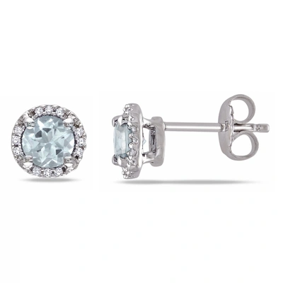 Shop Mimi & Max 4/5ct Tgw Aquamarine And Diamond Halo Stud Earrings In Sterling Silver In Blue