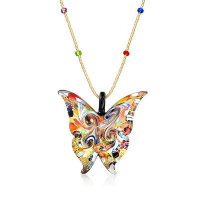 Shop Ross-simons Italian Multicolored Murano Glass Butterfly Pendant Necklace With 18kt Gold Over Sterling In Orange