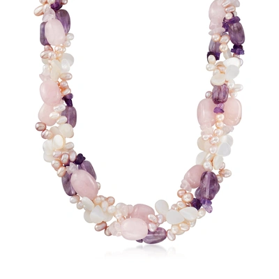 Ross-simons Cultured Pearl, Rose Quartz And Amethyst Torsade Necklace In Sterling Silver In Silver