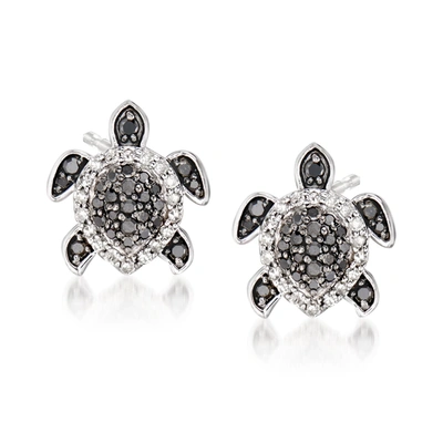 Ross-simons Black And White Diamond Turtle Earrings In Sterling Silver In Silver