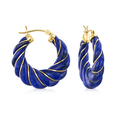 Ross-simons Carved Lapis Hoop Earrings With 14kt Yellow Gold In Blue
