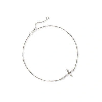 Ross-simons 14kt White Gold Sideways Cross Anklet With Diamond Accents In Silver