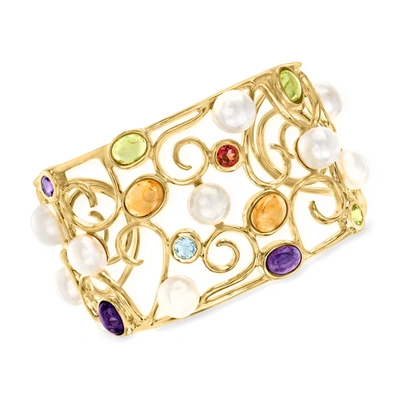 Shop Ross-simons 9mm Cultured Pearl And Multi-stone Swirl Cuff Bracelet In 18kt Gold Over Sterling In Blue