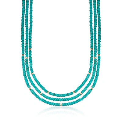 Shop Ross-simons Turquoise Bead 3-strand Necklace With 14kt Yellow Gold In Blue
