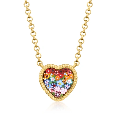 Shop Ross-simons Italian Multicolored Murano Glass Mosaic Floral Heart Necklace In 18kt Gold Over Sterling In Pink