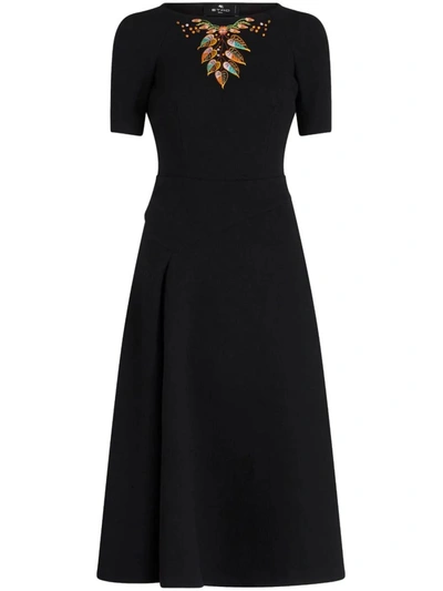 Shop Etro Midi Dress With Embroidery In Black