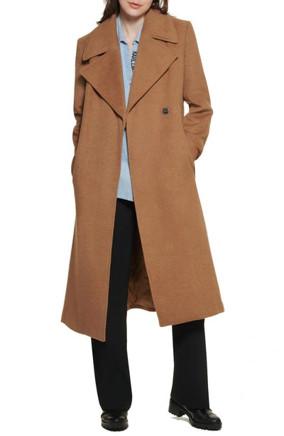 Karl Lagerfeld Wool Blend Wrap Coat In Camel