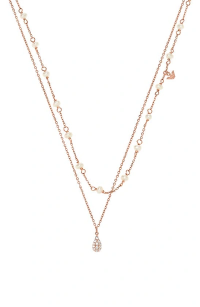 Shop Emporio Armani Cultured Pearl & Cz Layered Chain Necklace In Rose Gold