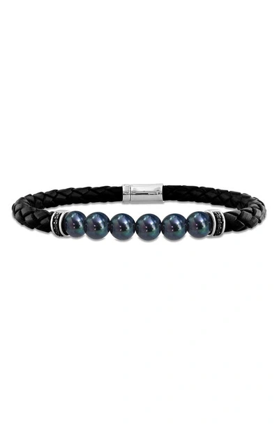 Shop Delmar Black Cultured Freshwater Pearl Diamond Braided Leather Bracelet