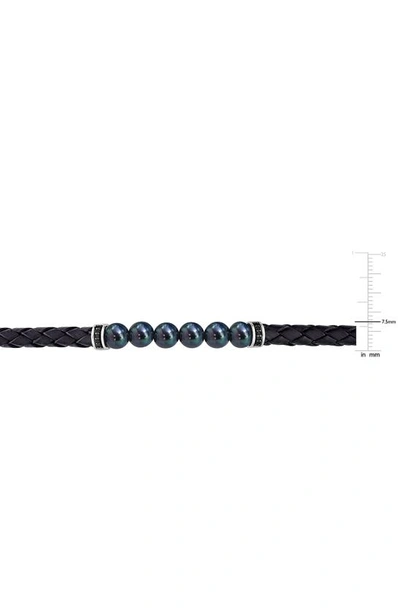 Delmar Black Cultured Freshwater Pearl Diamond Braided Leather Bracelet In Black