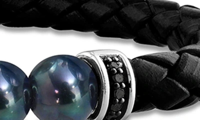 Delmar Black Cultured Freshwater Pearl Diamond Braided Leather Bracelet In Black