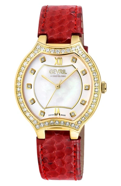 Shop Gevril Lugano Diamond Croc Embossed Leather Strap Watch, 35mm In Red