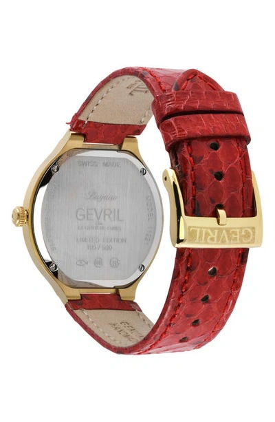 Shop Gevril Lugano Diamond Croc Embossed Leather Strap Watch, 35mm In Red