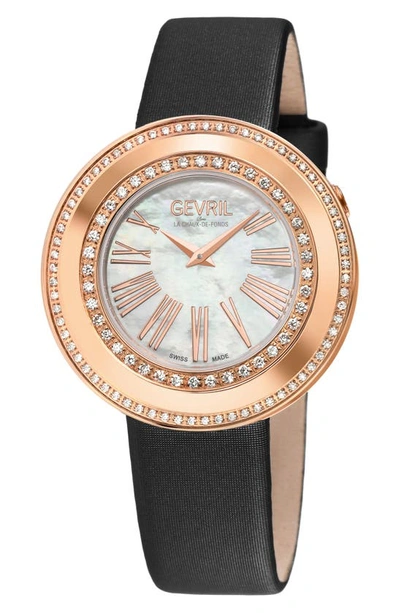Shop Gevril Gandria Mother Of Pearl Dial Diamond Leather Strap Watch, 36mm In Black