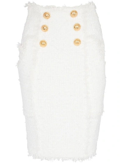 Shop Balmain High Waist Tweed Skirt In White