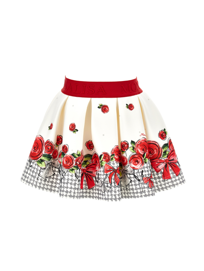 Shop Monnalisa Floral Neoprene Skirt In Cream + Ruby Red