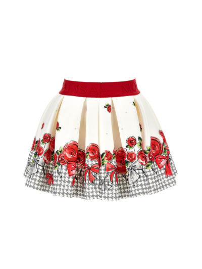 Monnalisa Logo-waistband Floral-print Skirt In Cream + Ruby Red