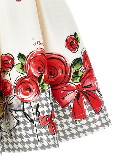 Monnalisa Logo-waistband Floral-print Skirt In Cream + Ruby Red