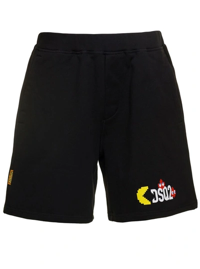 Shop Dsquared2 Black Shorts With Logo X Pacman Print In Cotton Man