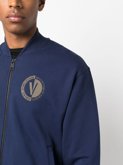 Shop Versace Jeans Couture Logo-print Cotton Bomber Jacket In Blau