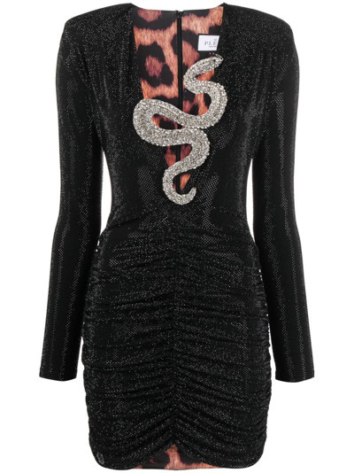 Shop Philipp Plein Crystal-embellished Ruched Minidress In Black