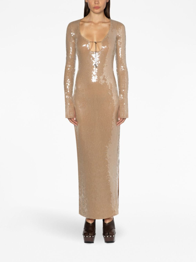 Shop 16arlington Sequin-embellished Long-sleeve Maxi Dress In Nude