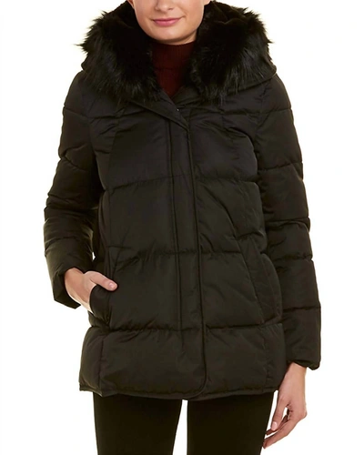Shop T Tahari Morgan Faux-fur Trim Puffer Short Coat In Black