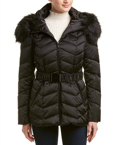 Shop T Tahari Leon Faux Fur Trim Hood Belted Coat Short Jacket In Black
