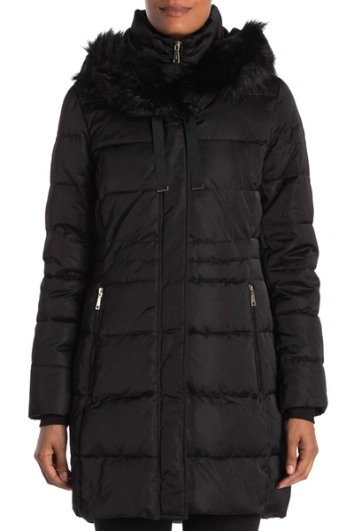 Shop T Tahari Stefani Faux Fur Hood Down Fill Fitted Puffer Coat In Black